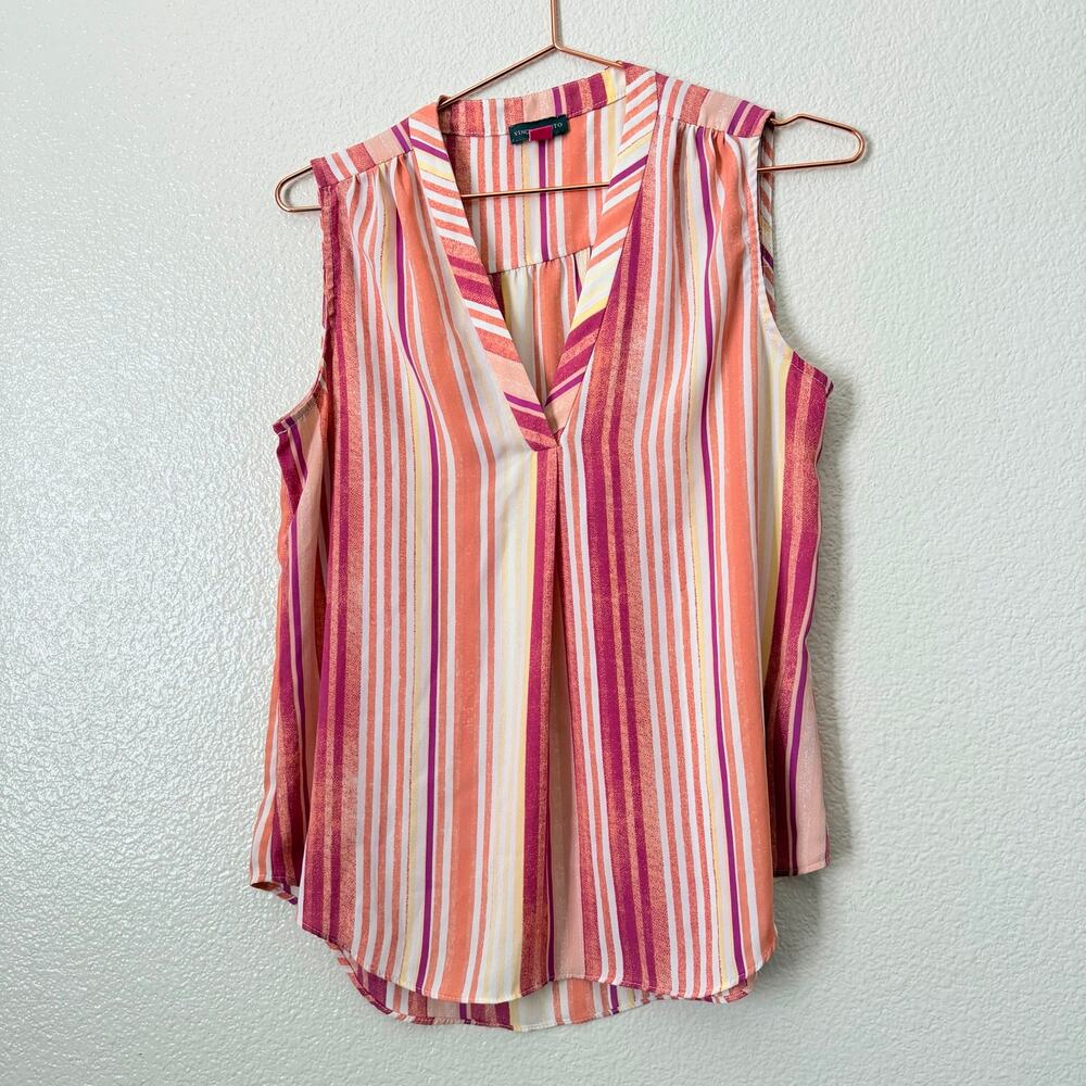 Vince Camuto vertical stripe split neck blouse top sleeveless pink yellow white